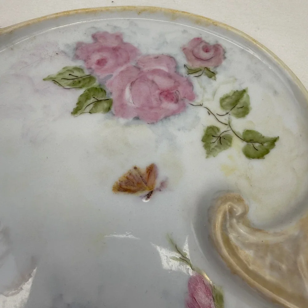 Antique Hand Painted Porcelain Vanity Tray Pink Roses Signed T Baker Butterfly